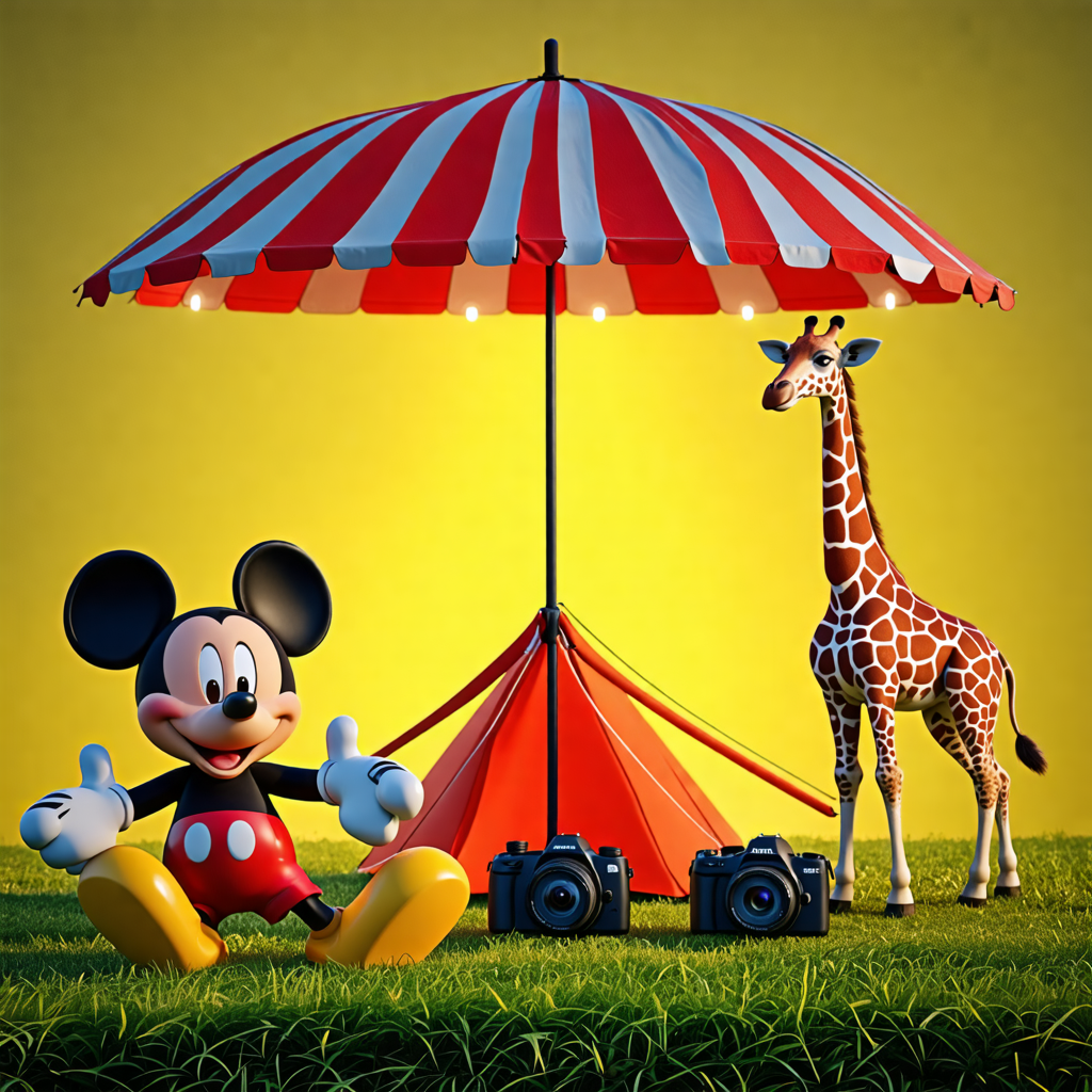 mickey mouse, giraffe, tent, camera, umbrella